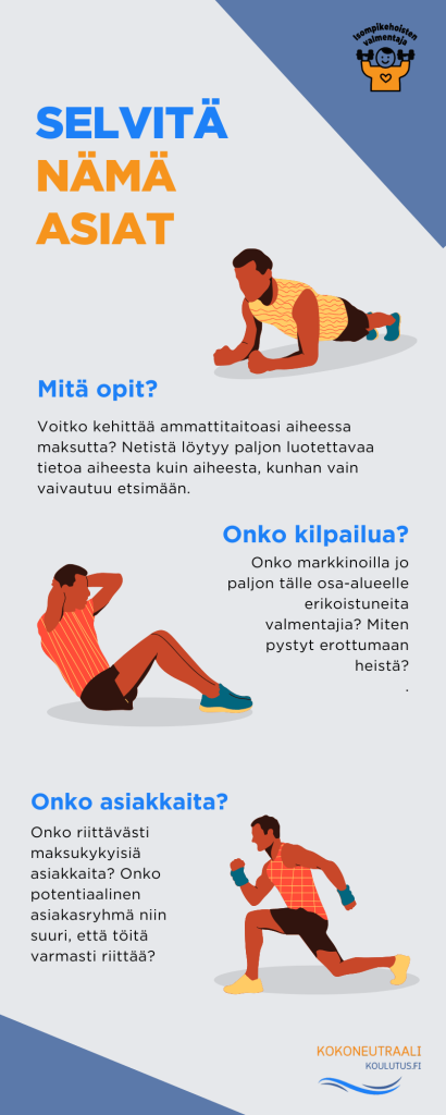 Infograafi personal trainerin erikoistumisen arviointikriteereistä: maksuttoman koulutuksen hankkiminen, kilpailu ja asiakaskysyntä.